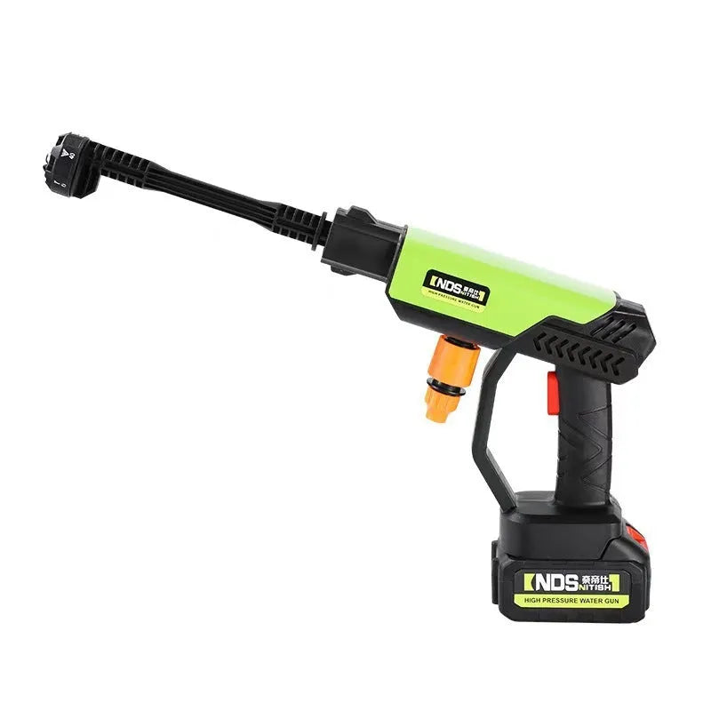 Green wireless high-pressure water gun with metal nozzle and extension rod for garden cleaning