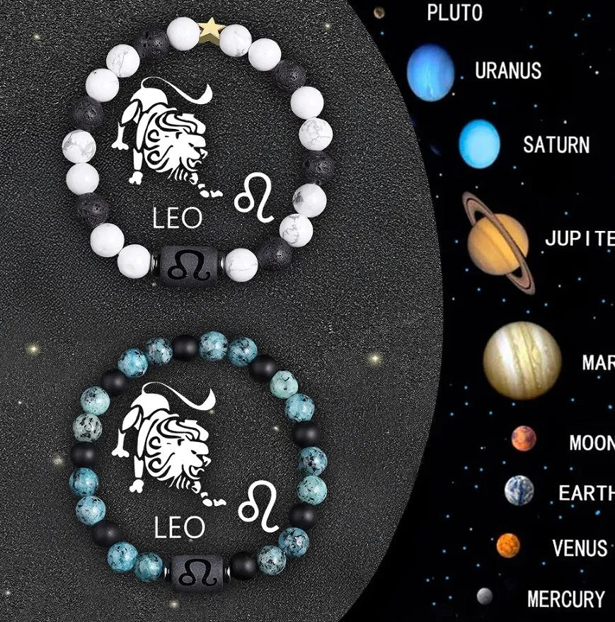 Twelve natural stone zodiac bracelets with adjustable 18-22cm lengths showing different astrological signs