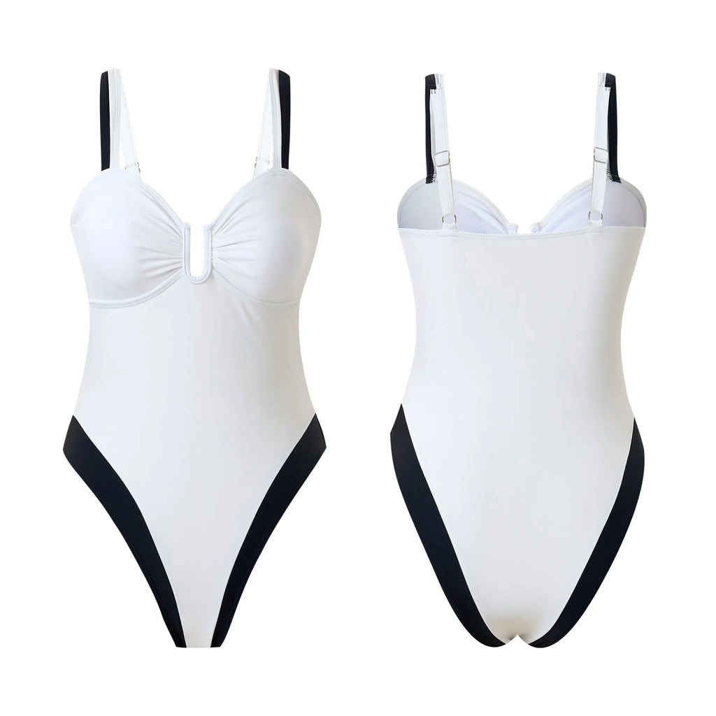 Women's one-piece swimsuit, creative patchwork camisole, nylon, black or white, sizes S to XL