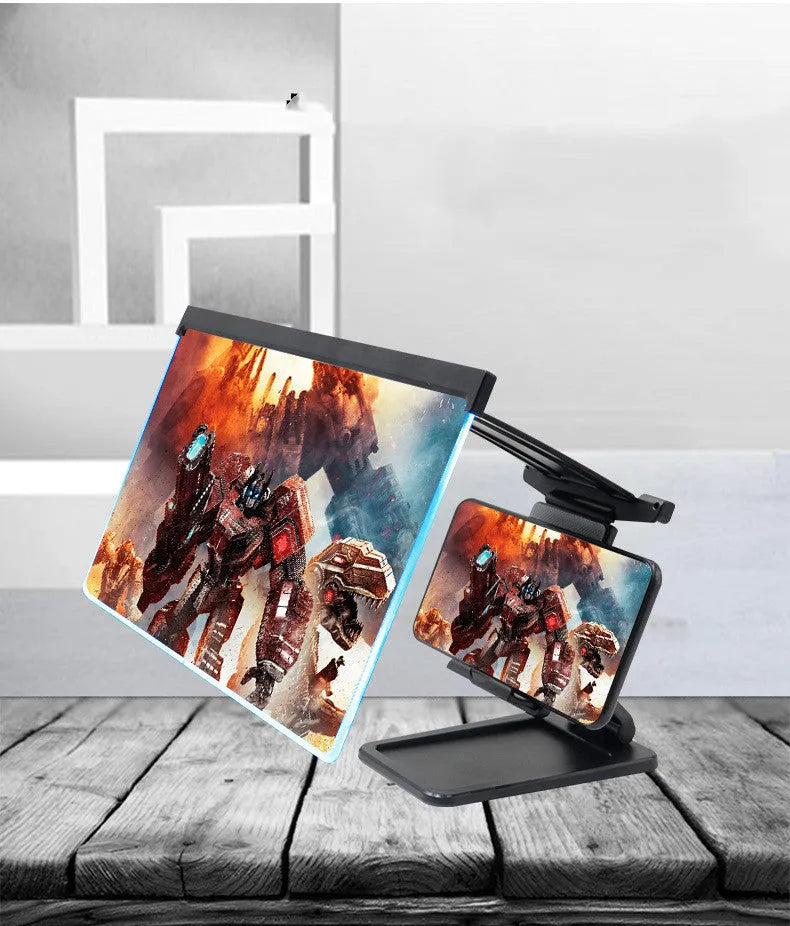Black 12-inch mobile phone screen amplifier with detachable magnifier and phone holder in folded position