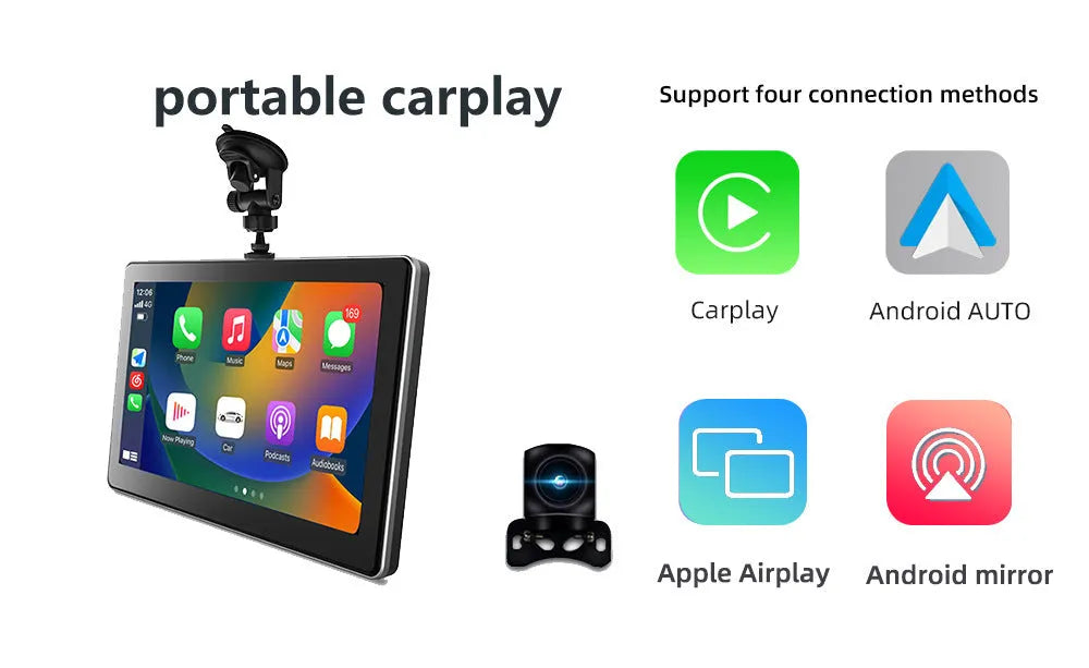 Black 7-inch wireless CarPlay projection camera and dash cam with touch screen for dashboard mounting.