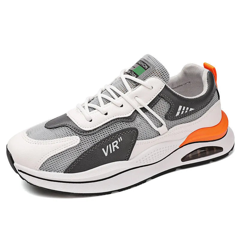 Men's gray breathable mesh running shoes with EVA sole and sewing thread details on upper