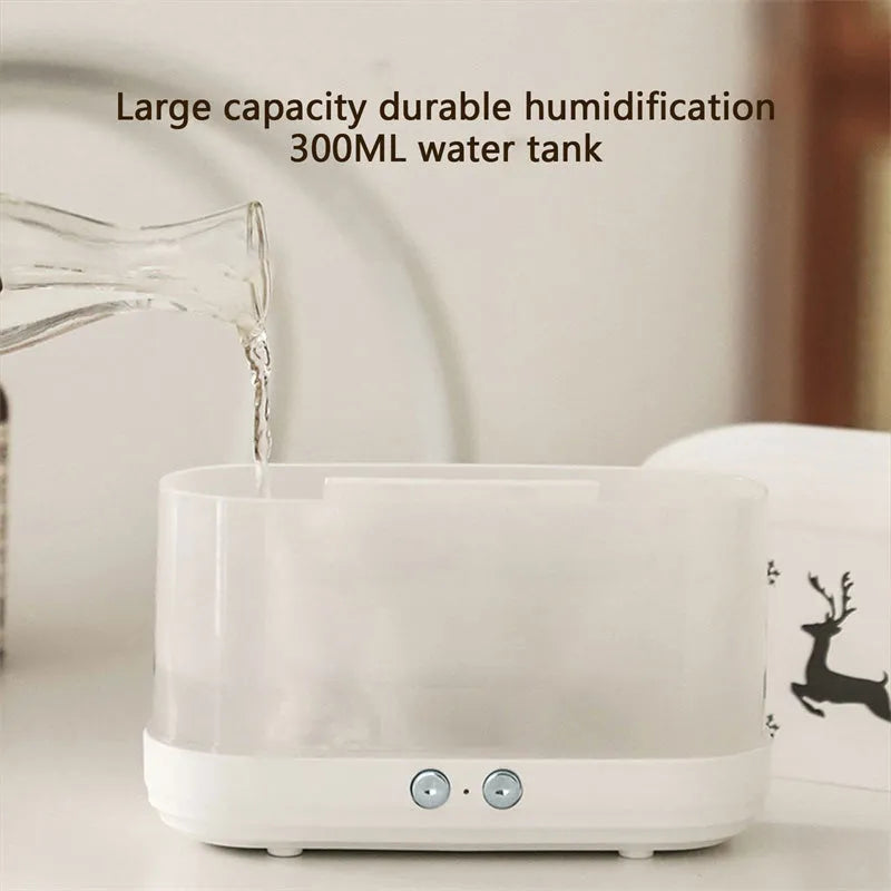White round humidifier diffuser with glowing flame effect light and USB cable