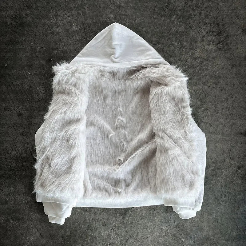 A white casual baggy coat with long sleeves and a cardigan style on a hanger.