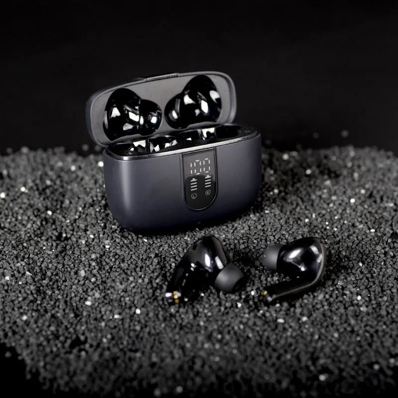 Jerry X08 black in-ear wireless headphones with digital display charging case and USB cable