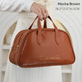 Leather travel toiletry bag with dry-wet separation compartments in caramel mocha colour