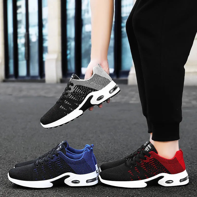 Men's black and blue Flyknit mesh casual sneakers with lace-up front and soft sole.