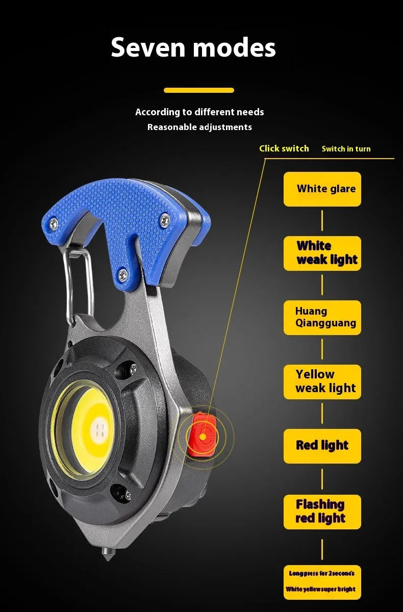 Portable aluminium multifunctional keychain flashlight with keyring and display screen.