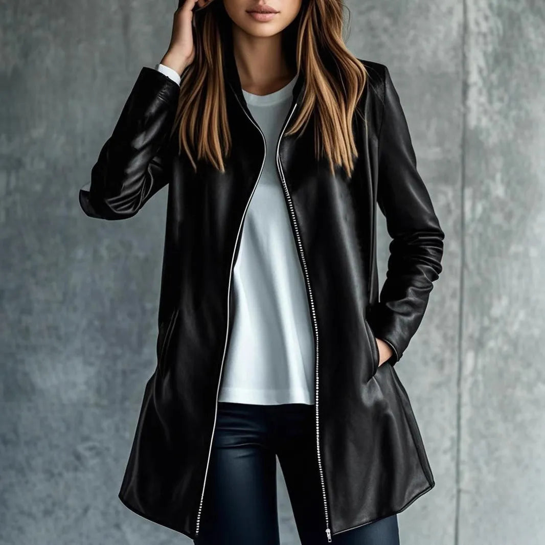 Women's black polyester leather jacket with long sleeves and medium 65cm length
