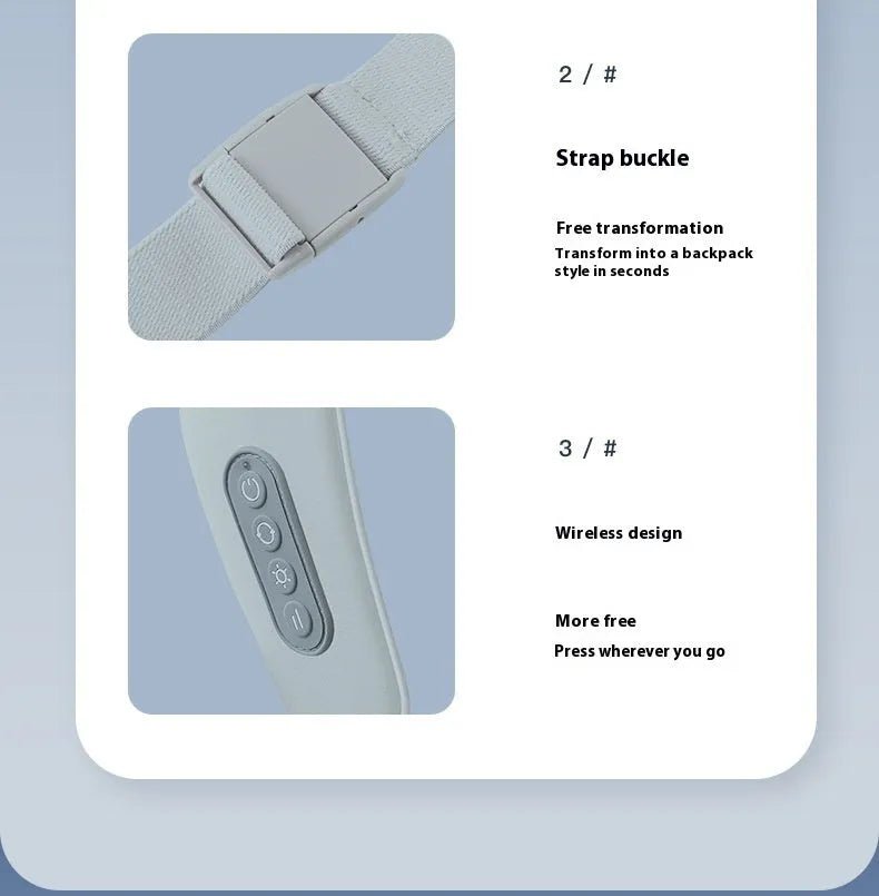 Grey elastic fabric USB neck and back massager with two gear settings and infrared function.