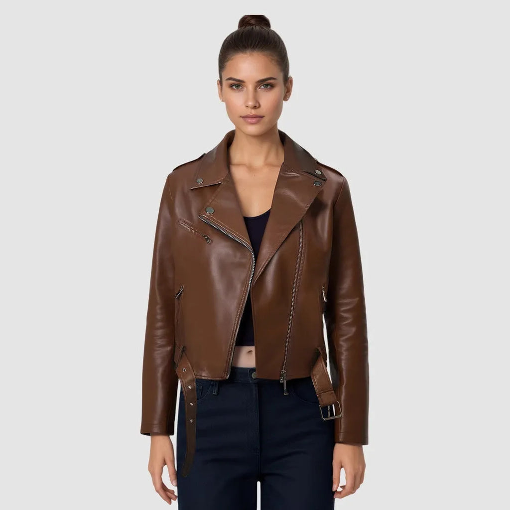 Women's red PU leather jacket with lapel collar and adjustable belt, street fashion style