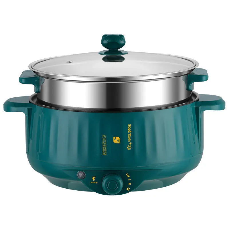 Stainless steel electric pot with non-stick interior showing steaming, frying, boiling, and stewing functions