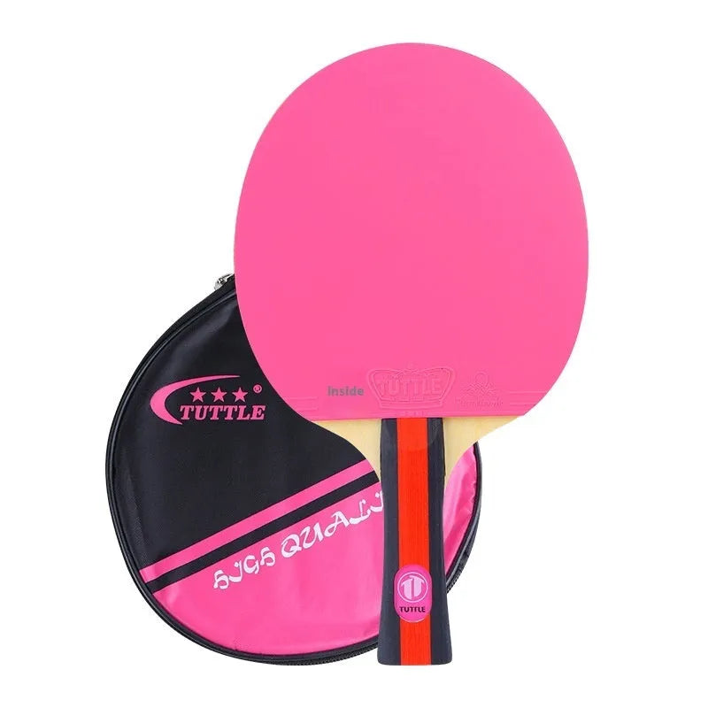 Single table tennis racket with high-elasticity rubber and long shakehand grip next to its matching protective carry bag.