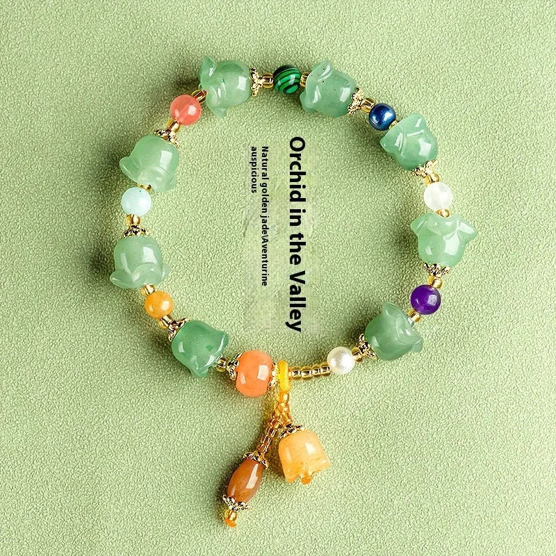 Natural Xinjiang Jinsi Jade aventurine orchid bracelet with carved orchid beads for women's wrists 14-18cm