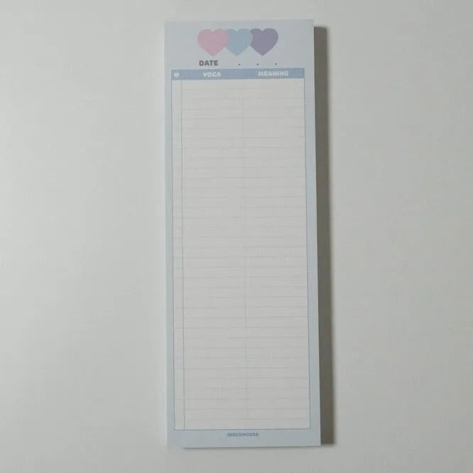B5 half notepad with double-sided printing in blue cover, showing 9.1 x 25.7cm size and 30 sheets