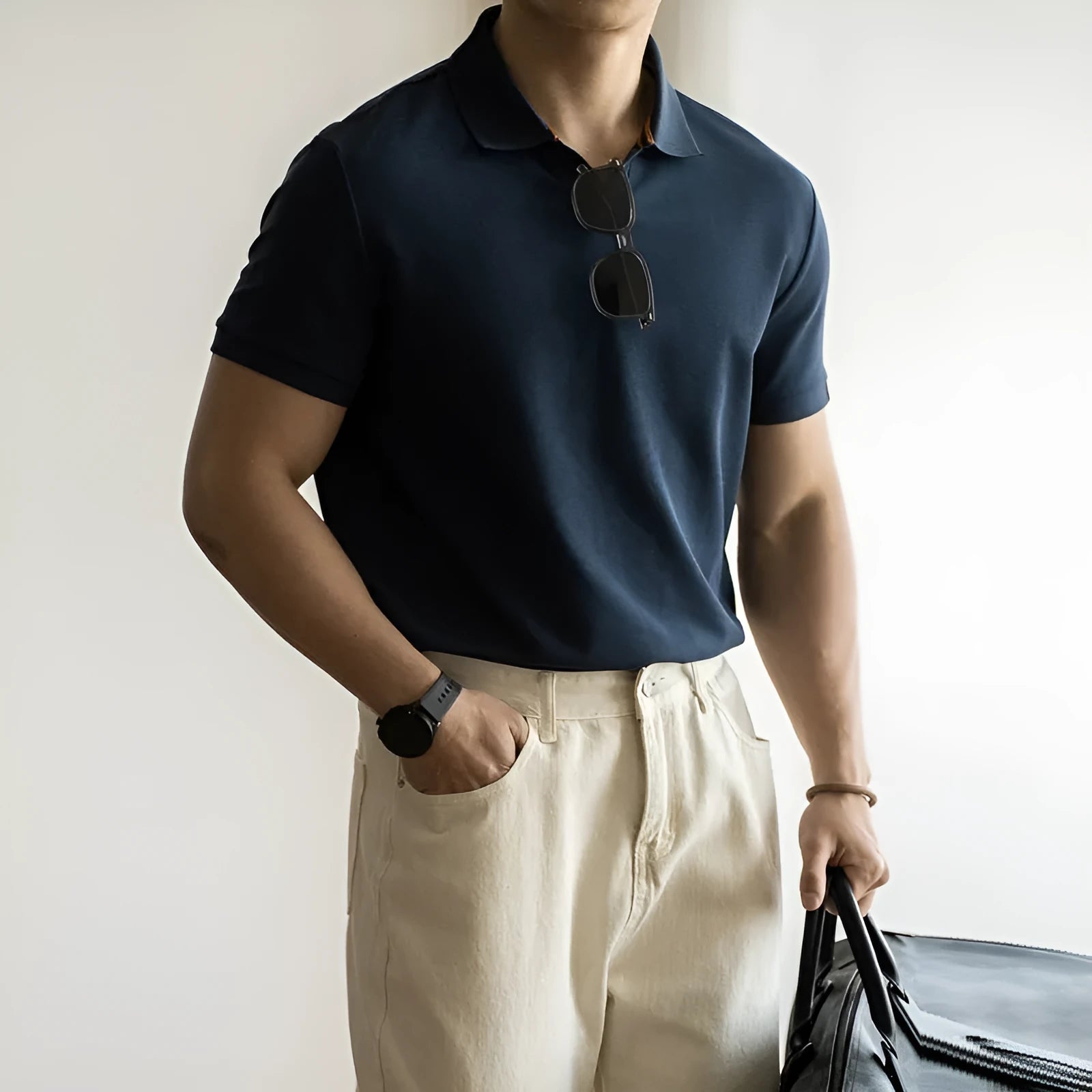 Men's blue short sleeve cotton polo shirt on a hanger, regular fit.