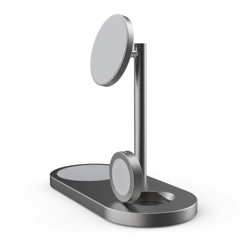 Magnetic three-in-one wireless charger in aluminium alloy with magnetic suction fixing, shown in carbon fibre, grain, gray, or silver