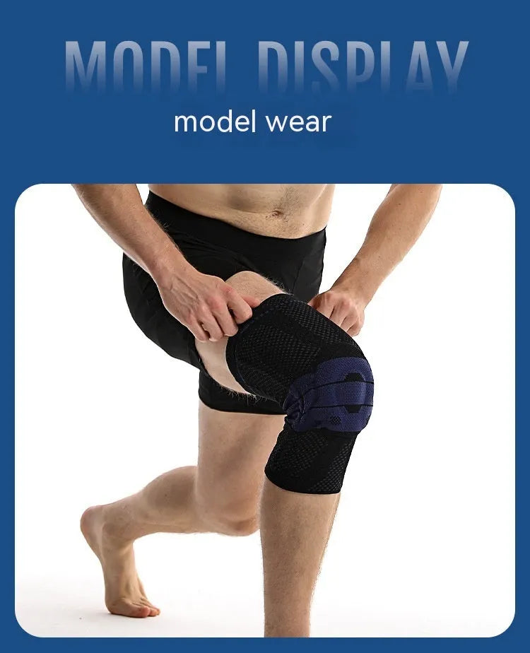 Black and blue knee pads with adjustable sizing for sports protection, made from nylon and spandex materials