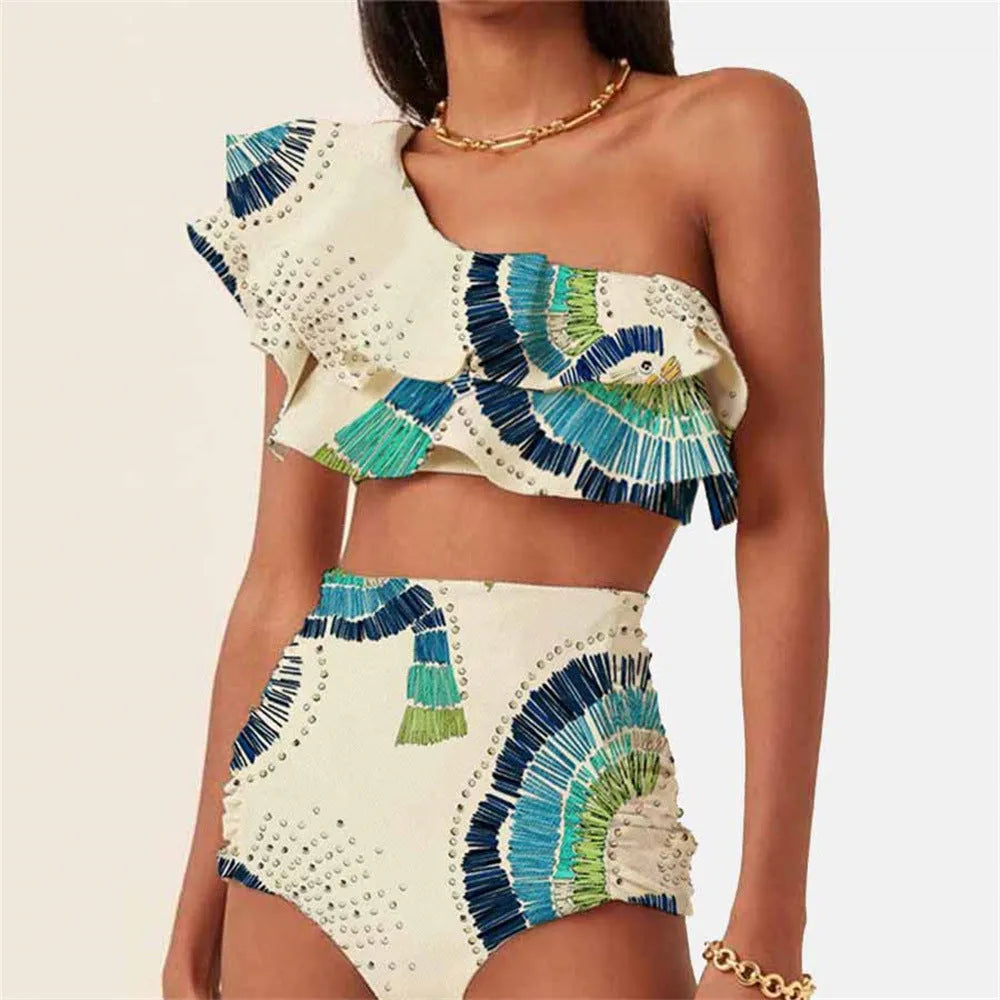 White women's one-shoulder swimsuit with large lotus leaf design and side split, double-layer front for coverage.