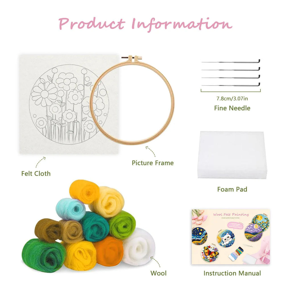 Round 3D floral embroidery kit on 20x20cm linen with wool felt and free frame