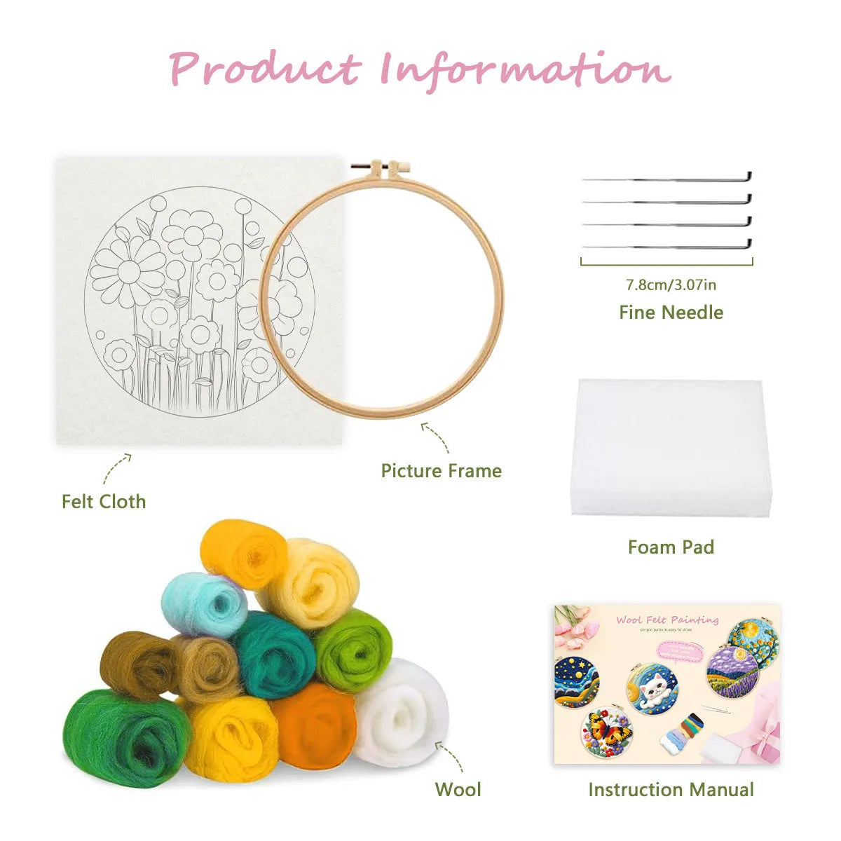Round 3D floral embroidery kit on 20x20cm linen with wool felt and free frame