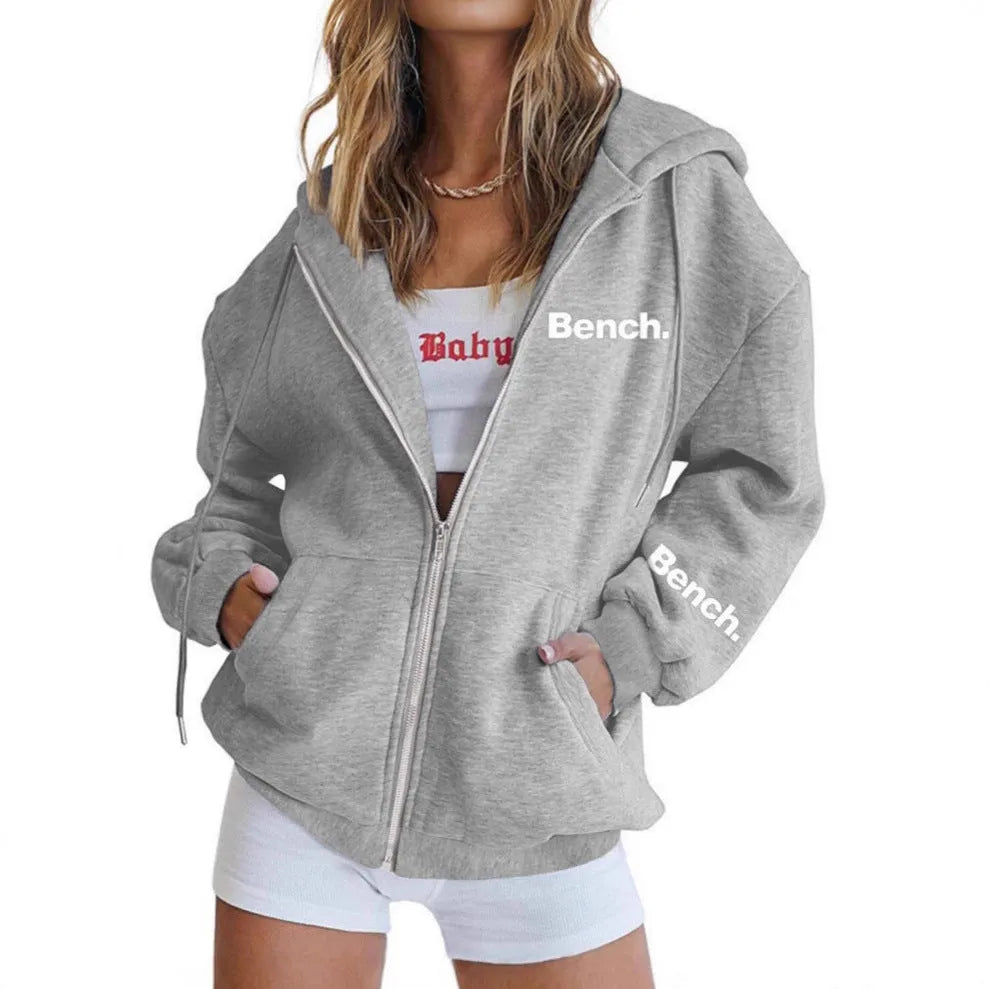 Black or grey letter print zipper sweater coat loose fit casual cardigan