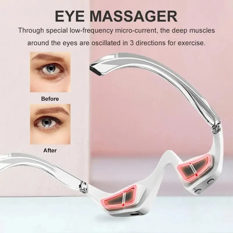 Pink and white USB rechargeable micro-current eye massager with glasses-style frame on a grey background.
