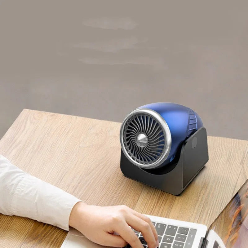 Navy blue 12v car heater with rotation function for defrosting windows, showing cigarette lighter plug