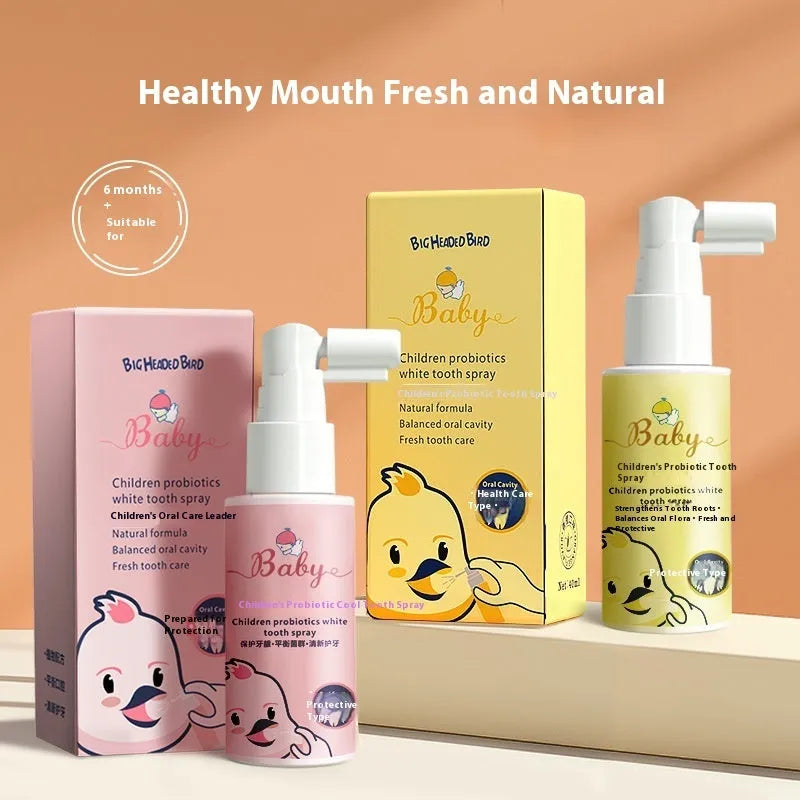 Children's probiotics white teeth cleaning spray bottle with 40ml anticavity formula in strawberry and orange flavour options