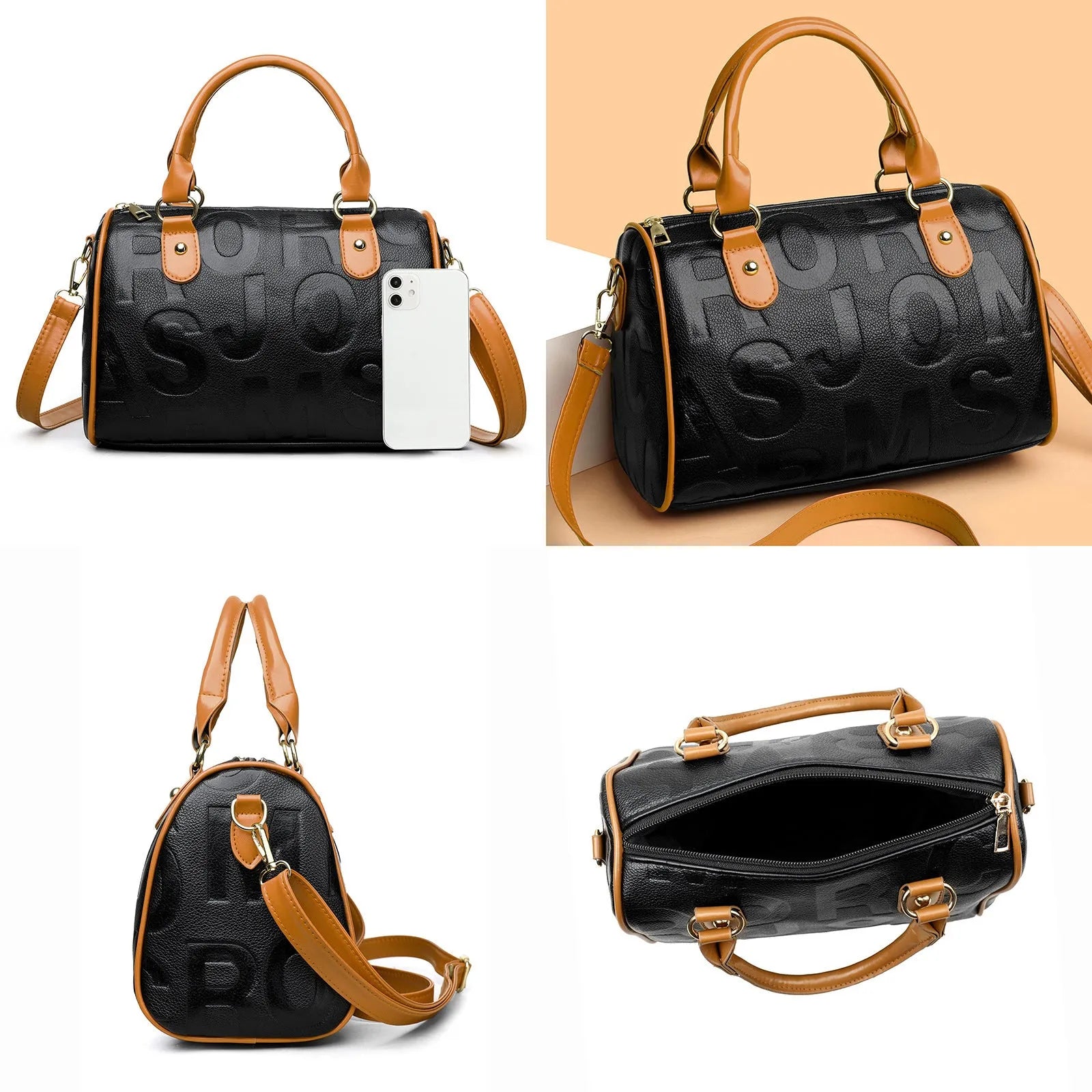 Brown cylindrical PU leather crossbody bag with three shoulder straps showing interior organisation