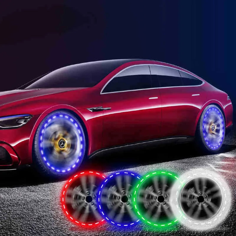 Solar-powered LED valve stem lights with colourful illumination on vehicle wheel, showing 15 flash patterns