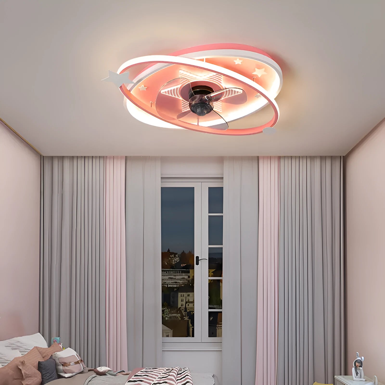 Modern simple blue children's bedroom ceiling fan light with acrylic shade and remote control.