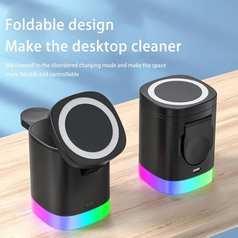 Black 3 in 1 magnetic wireless charging cube showing iPhone, Apple Watch and AirPods charging simultaneously with RGB lights