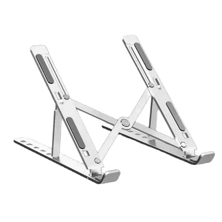 Silver aluminium folding laptop stand holding a laptop on a desk