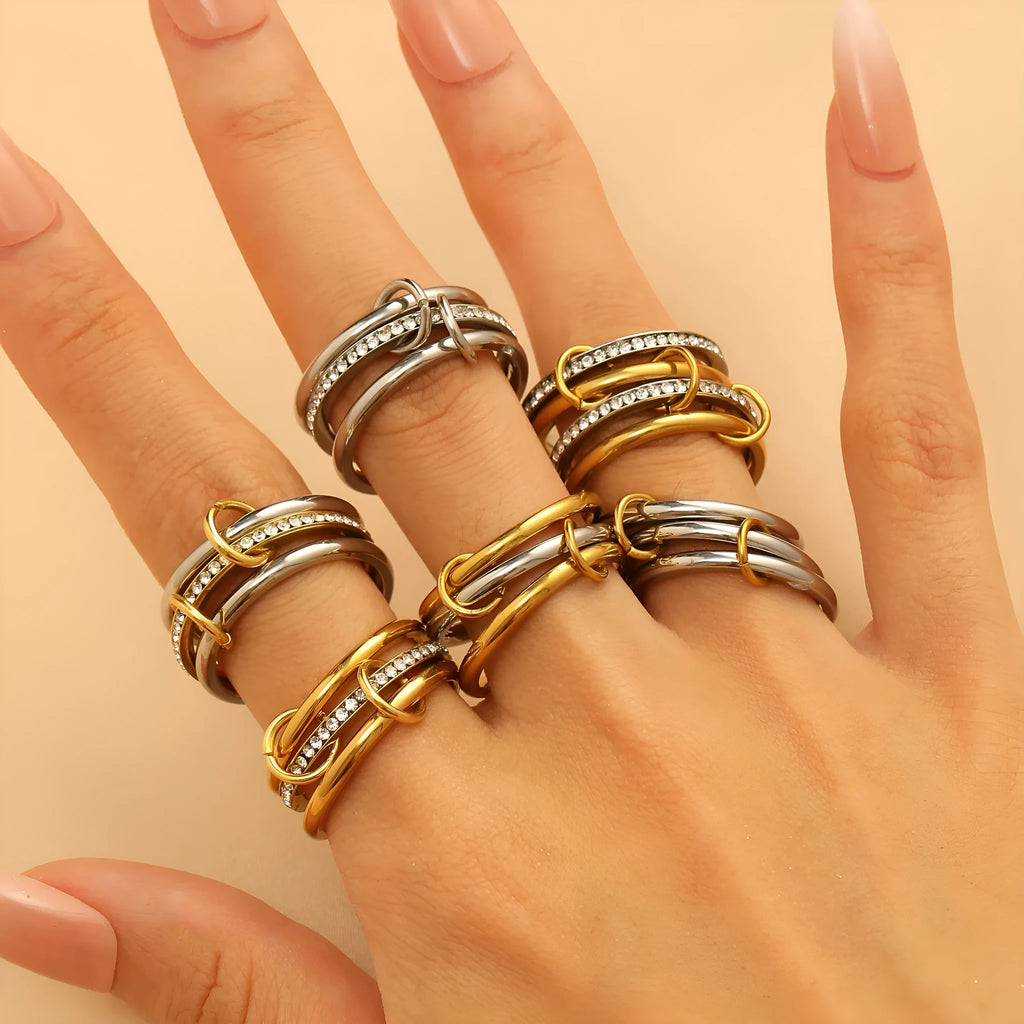 Multi-layer contrast colour stacked ring in stainless steel, women's style, sizes 5 to 11, gold and steel colour options