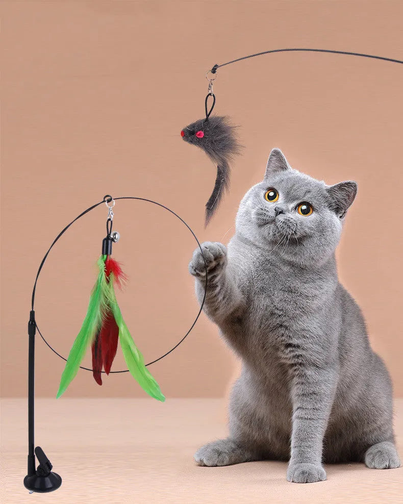 Sucker cat teaser toy with PP body, steel wire wand and replaceable multi-head in blue flying fish, grey strip, grey mouse and green feather options