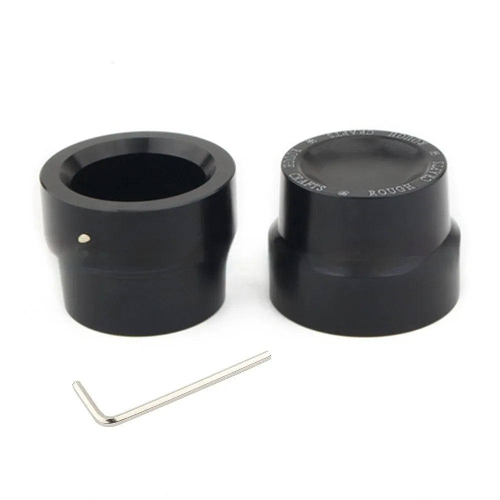 Black CNC aluminium front and rear axle decorative caps for Harley-Davidson motorcycle.
