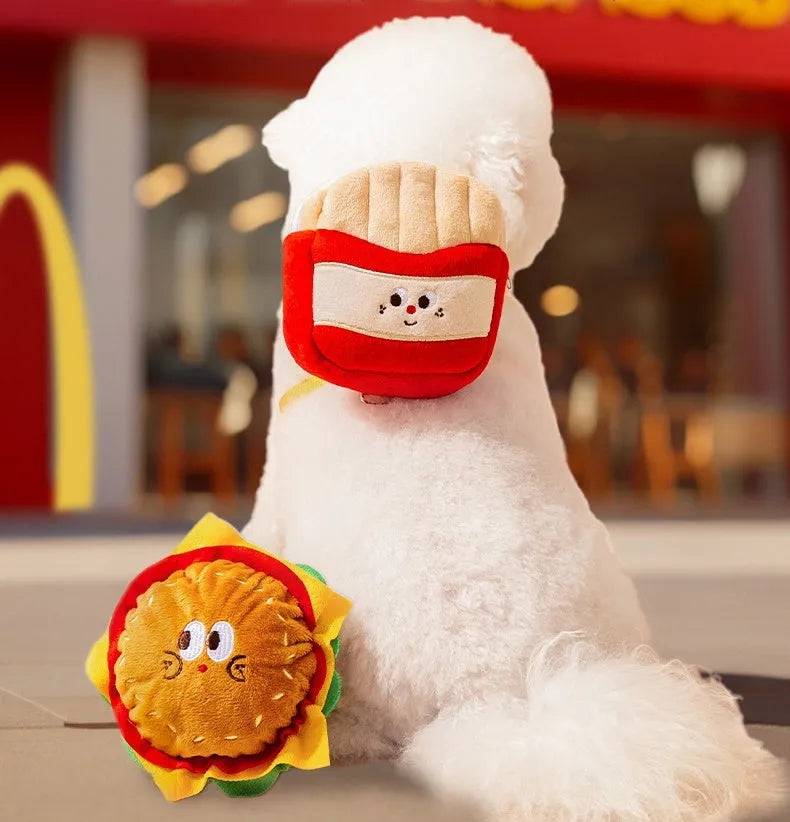Cartoon hamburger print adjustable vest leash for a dog, showing the escape-proof design and walking rope.