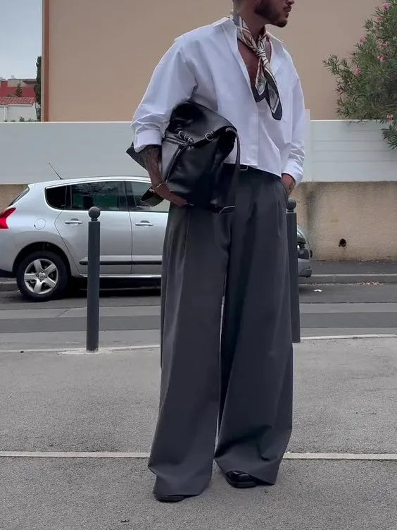 Grey men's high-waisted wide-leg casual trousers on a hanger.