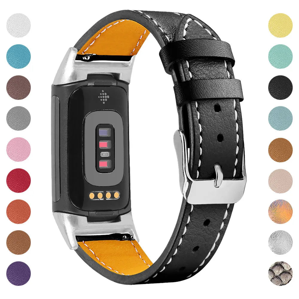 Genuine leather strap for Fitbit Charge5 and Charge6 in multiple colours, adjustable 5.5-8.1 inch length