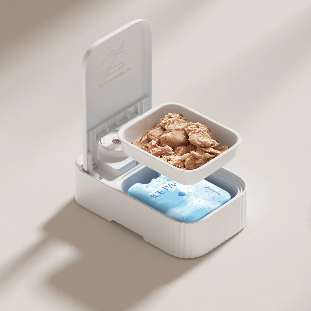 White automated pet feeder with timer display and a removable ice crystal cooling box underneath.