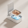 White automated pet feeder with timer display and a removable ice crystal cooling box underneath.
