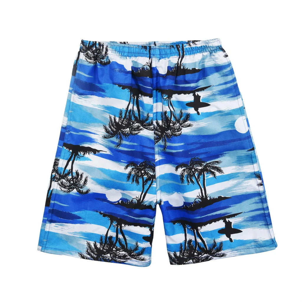 Men's floral print swimming trunks in a selection of colours on a beach background.