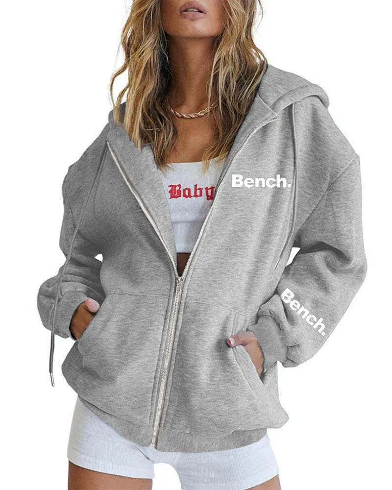 Black or grey letter print zipper sweater coat loose fit casual cardigan