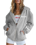 Black or grey letter print zipper sweater coat loose fit casual cardigan