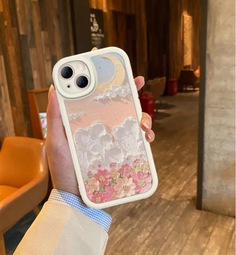 Oil painting flower silicone phone case for iPhone 13 12 11 in Moon Flower Pink Purple Verdant Clouds
