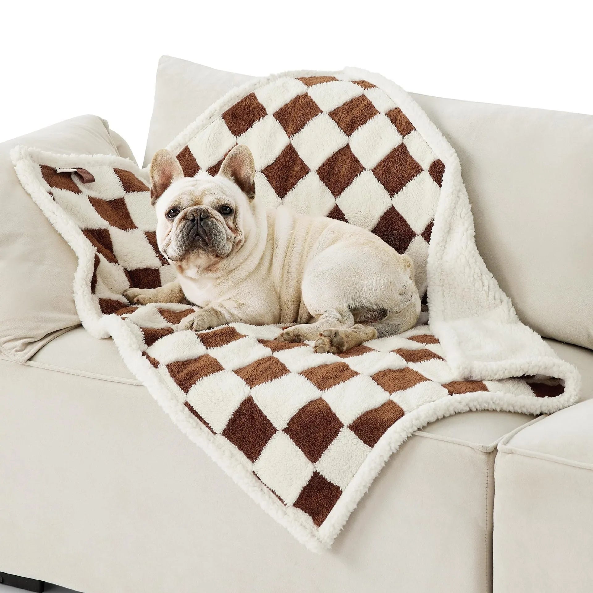 Cotton waterproof dog blanket showing quilt pattern design in multiple size options