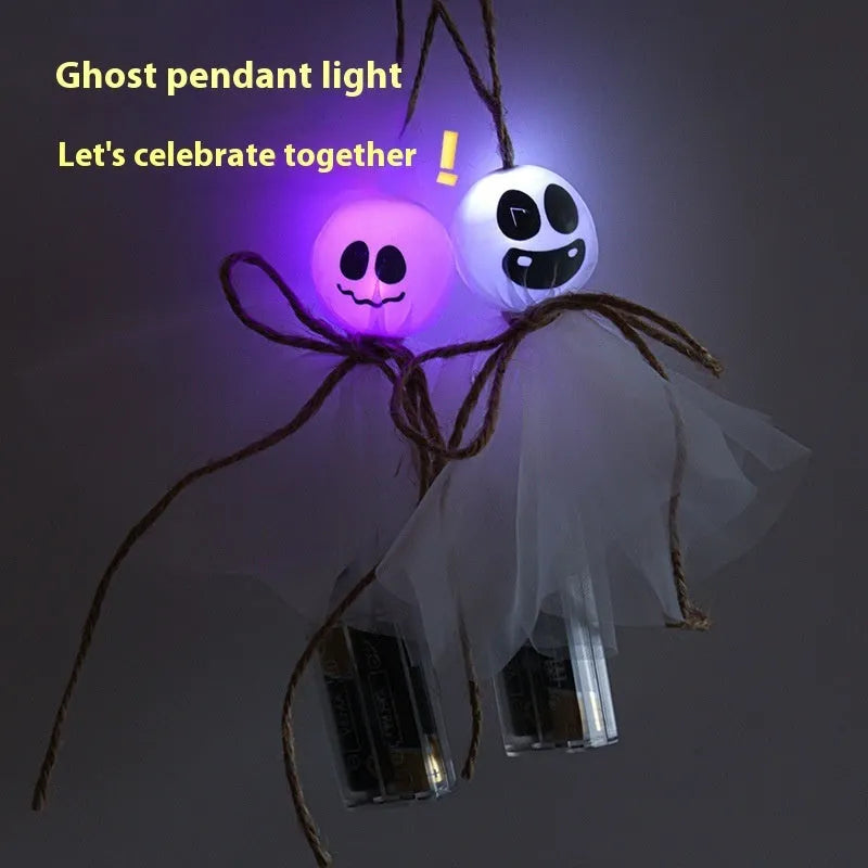 Halloween ghost LED lighting chain with 20 PVC beads in six colour options, battery-powered for spooky venue decorations