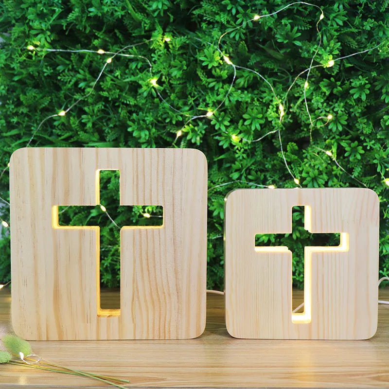 Solid wood hollow LED night lamp with warm white light, showing wooden lampshade and compact 190x190x30mm dimensions.