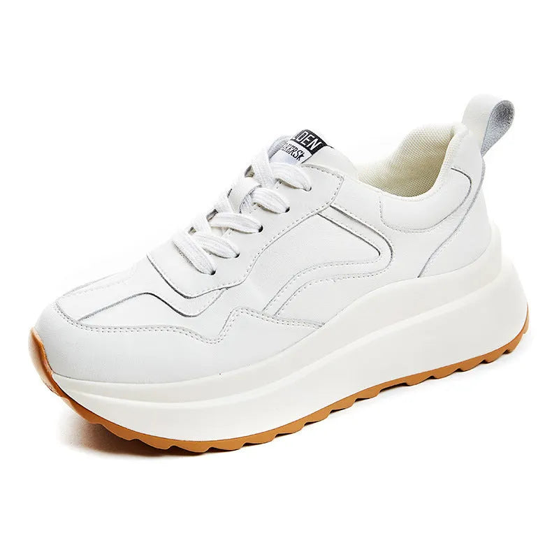 Women's beige cattlehide leather casual sports shoes with cross-strap and 3cm English muffin heel